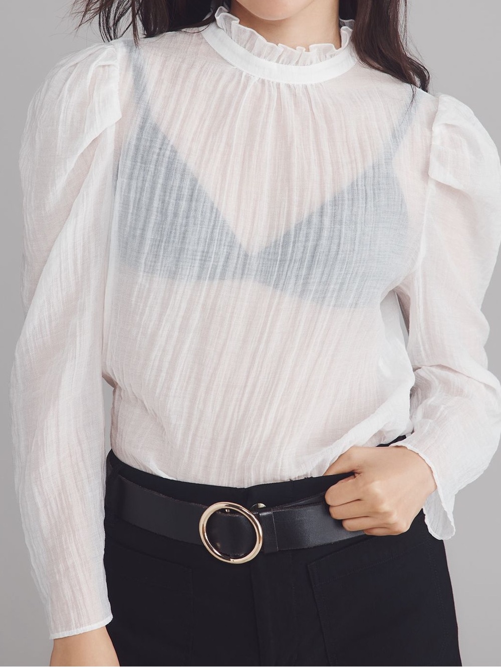 Anthropologie Long-Sleeve Blouse Maeve Sheer Mock-Neck Top New Medium White
